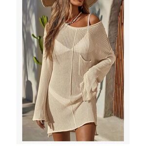 Apricot Crochet Knit Beach Cover Up Dress Bell Sleeve Size M NEW